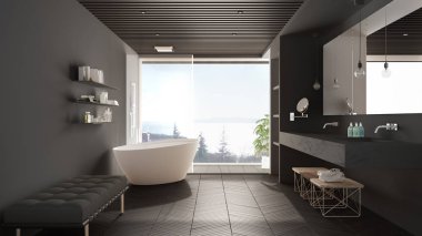 Parke zemin ve ahşap celiling ile Lüks modern beyaz ve gri banyo, deniz panorama, küvet, duş ve çift lavabo, iç tasarım, minimal mimari büyük panoramik pencere