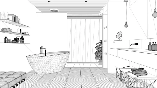 Blueprint proje taslak, parke zemin ve ahşap celiling ile Lüks modern beyaz banyo, büyük pencere, küvet, duş ve çift lavabo, iç tasarım konsept fikri