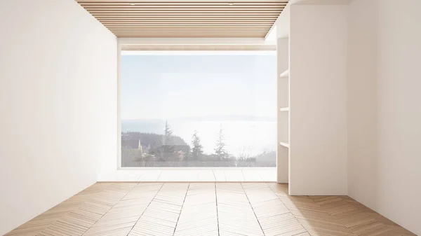 Diseño interior de la habitación vacía, espacio abierto con paredes blancas y suelo de parquet de madera, gran ventana panorámica, arquitectura contemporánea moderna, luz de la mañana, maqueta con espacio para copiar —  Fotos de Stock