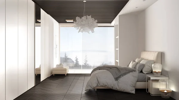 Dormitorio minimalista blanco y gris en espacio contemporáneo con suelo de parquet, ducha, suelo de madera, cama doble, gran armario con espejo, gran ventana panorámica, diseño interior de lujo —  Fotos de Stock