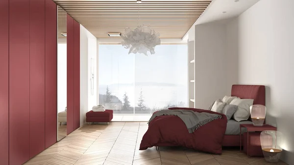 Minimalista branco e vermelho colorido quarto no espaço contemporâneo com piso em parquet, chuveiro, piso de madeira, cama de casal, grande guarda-roupa, grande janela panorâmica, design de interiores de luxo — Fotografia de Stock