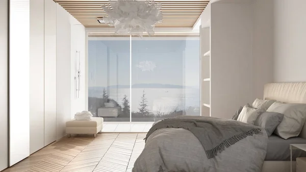 Dormitorio principal blanco minimalista en espacio contemporáneo con suelo de parquet, ducha y suelo de madera, cama doble, gran armario con espejo, gran ventana panorámica, diseño interior de lujo —  Fotos de Stock