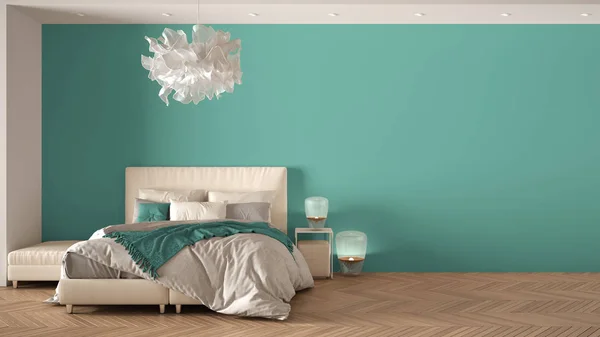 Minimalistische Turquoise achtergrond met Master slaapkamer in moderne ruimte met parketvloer, tweepersoonsbed, hanglamp en kussens, luxe interieur ontwerpsjabloon, kopie ruimte mock-up — Stockfoto