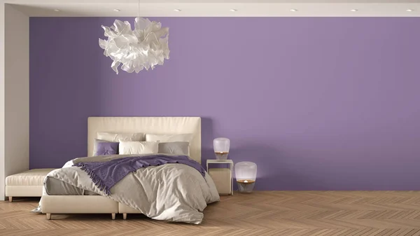 Minimalistyczne fioletowe tło z główną sypialnią w nowoczesnej przestrzeni z parkietem, podwójnym łóżkiem, lampką wisząca i poduszkami, luksusowym wystrojem wnętrz, kopią makiety przestrzeni — Zdjęcie stockowe