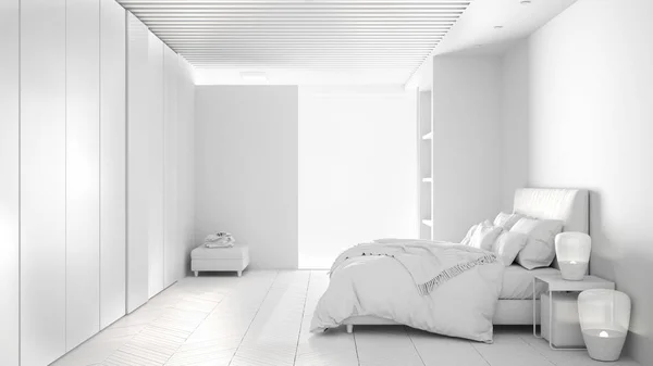 Progetto bianco totale di camera da letto matrimoniale in spazio contemporaneo con pavimento in parquet, doccia e pavimento in legno, letto matrimoniale, grande armadio con specchio, finestra panoramica, interior design di lusso — Foto Stock