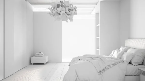 总白色项目主卧室在当代空间与镶木地板，淋浴和木地板，双人床，大衣柜镜子，全景窗口，豪华室内设计 — 图库照片