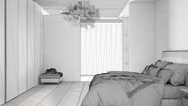 Progetto incompiuto di camera da letto matrimoniale in spazio contemporaneo con pavimento in parquet, doccia e pavimento in legno, letto matrimoniale, grande armadio con specchio, finestra panoramica, interior design di lusso — Foto Stock