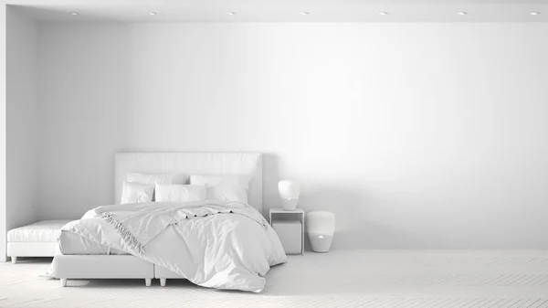 Proyecto blanco total de fondo minimalista con dormitorio principal en espacio contemporáneo con parquet, cama, lámpara colgante y almohadas, plantilla de diseño de interiores de lujo, espacio de copia maqueta —  Fotos de Stock