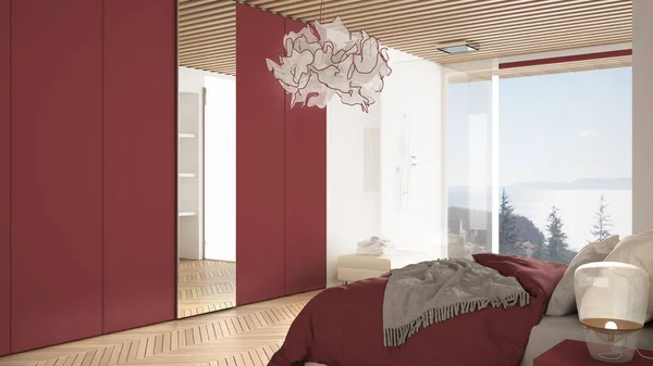 Minimalist red colored bedroom in contemporary space with parquet floor, shower and wooden floor, double bed, wardrobe with mirror, large panoramic window, luxury interior design
