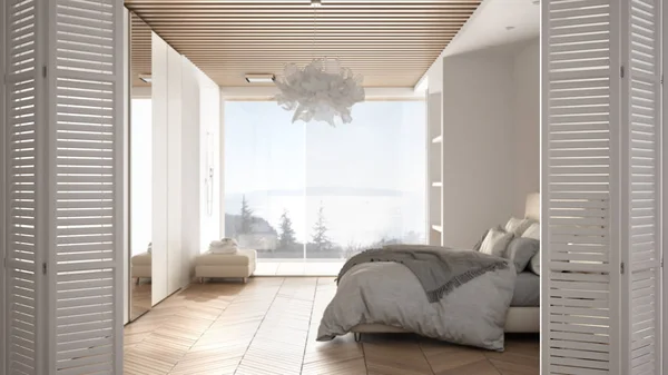 Λευκή πτυσσόμενη πόρτα που ανοίγει σε μοντέρνο πολυτελές μινιμαλιστικό υπνοδωμάτιο με διπλό κρεβάτι, ντους και μεγάλο panramic παράθυρο, εσωτερικό σχεδιασμό, φιλοσοφία σχεδιαστή αρχιτέκτονα, θολώματος φόντου — Φωτογραφία Αρχείου