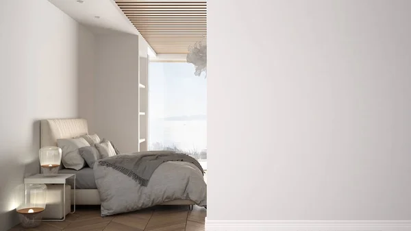 Quarto minimalista moderno com cama de casal e janela panorâmica em uma parede de primeiro plano, ideia de arquitetura de design de interiores, conceito com espaço de cópia, fundo em branco — Fotografia de Stock