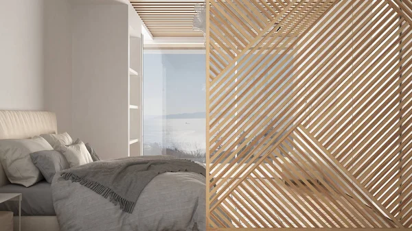 Panel de madera primer plano, dormitorio moderno con gran ventana panorámica, suelo de parquet. Concepto de diseño de interiores zen minimalista, plantilla de arquitectura contemporánea —  Fotos de Stock