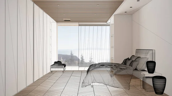 Prázdný bílý interiér s parketovou podlahou a velkým panoramatickým oknem, designem vlastní architektury, náčrtem černého inkoustu, modtiskem zobrazující minimalistickou ložnici s dvojitou postelí — Stock fotografie