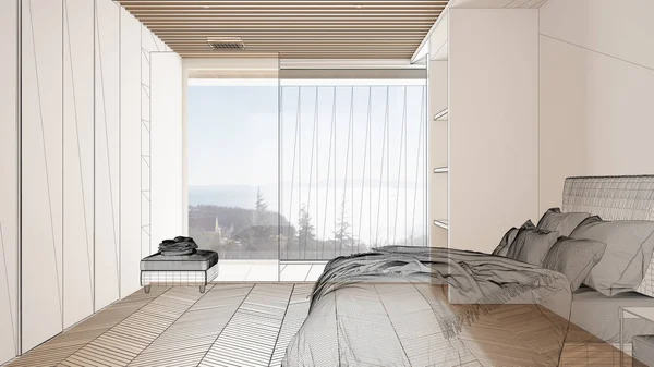 Пустой белый интерьер с паркетным полом и большим панорамным окном, дизайнерский проект, черно-чернильный эскиз, чертеж с минималистской спальней с двуспальной кроватью — стоковое фото