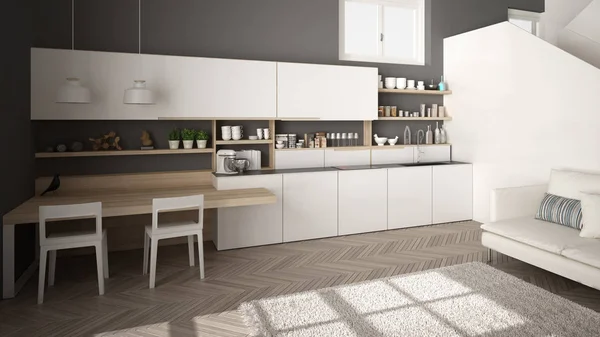 Μινιμαλιστική μοντέρνα λευκή, γκρίζα και ξύλινη κουζίνα στο σύγχρονο ανοιχτό χώρο με καθαρή σκάλα, σαλόνι με καναπέ και χαλί, εσωτερική διακόσμηση αρχιτεκτονικής ιδέα — Φωτογραφία Αρχείου