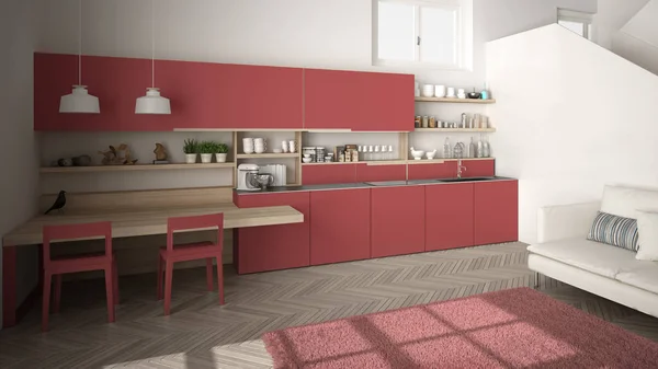Minimalistiskt modernt vitt, rött och trä kök i moderna öppna ytor med ren trappa, vardagsrum med soffa och matta, inredning arkitektur koncept idé — Stockfoto