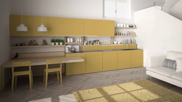 Μινιμαλιστική μοντέρνα λευκή, κίτρινη και ξύλινη κουζίνα στο σύγχρονο ανοιχτό χώρο με καθαρή σκάλα, σαλόνι με καναπέ και χαλί, εσωτερική διακόσμηση αρχιτεκτονικής ιδέα — Φωτογραφία Αρχείου