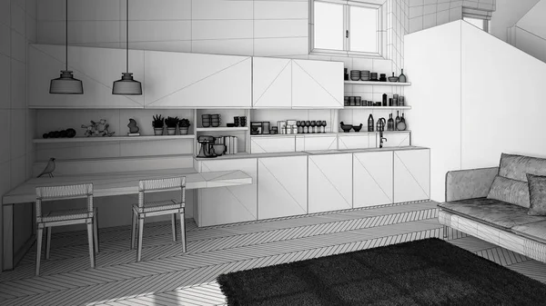 Progetto incompiuto di cucina moderna minimalistica in open space contemporaneo con scala pulita, soggiorno con divano e moquette, moderna idea di architettura di design d'interni — Foto Stock