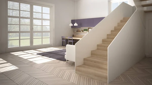 Минималистская современная белая, фиолетовая и деревянная кухня в современном открытом пространстве с чистой лестницей, гостиная с диваном и ковровым покрытием, концепция дизайна интерьера — стоковое фото