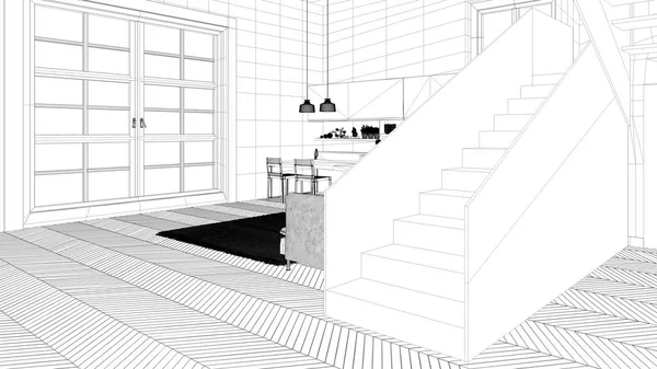 Projet de projet Blueprint, minimaliste cuisine moderne blanche, violette et en bois dans un espace ouvert contemporain avec escalier, salon avec canapé et tapis, idée de concept de design d'intérieur — Photo