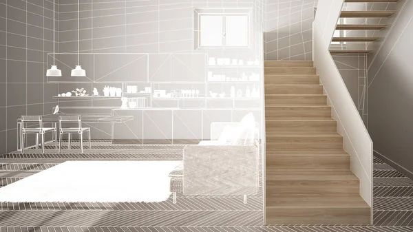Άδειο λευκό εσωτερικό με λευκό ψαροκόκκαλο παρκέ πάτωμα, έθιμο σχέδιο αρχιτεκτονικής έργο, λευκό μελάνι σκίτσο, σχέδιο που δείχνει σύγχρονη κουζίνα, έννοια, μακέτα, αρχιτεκτονική ιδέα — Φωτογραφία Αρχείου