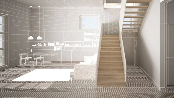 Intérieur blanc vide avec parquet en chevrons blancs, projet de conception d'architecture personnalisée, croquis à l'encre blanche, plan montrant la cuisine moderne, concept, maquette, idée d'architecture — Photo