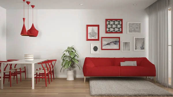 Cálido y confortable sala de estar de color blanco y rojo con mesa de comedor, sofá y alfombra de piel, planta en maceta y suelo de parquet, diseño de interiores de arquitectura contemporánea — Foto de Stock