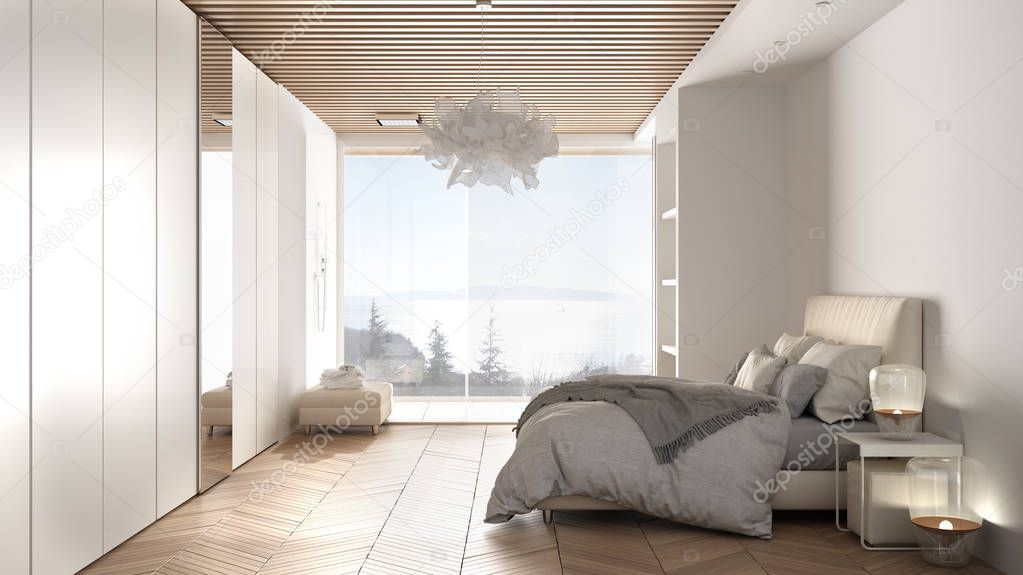 Minimalist white master bedroom in contemporary space with parquet floor, shower and wooden floor, double bed, big wardrobe with mirror, large panoramic window, luxury interior design