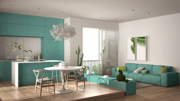 Eco green interior design, white and turquoise living room with sofa, kitchen, dining table, succulent plants, parquet floor, window on panoramic balcony. Sustainable architecture