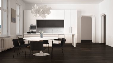 Minimalist beyaz ve siyah mutfak klasik odada kalıplar, parke zemin, sandalye, mermer ada ve panoramik pencereler ile yemek masası. Modern mimari iç tasarım