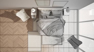 Mimar iç tasarımcı konsepti: gerçek olur bitmemiş proje, minimalist yatak odası, yastık ve battaniye ile yatak, parke, başucu masaları ve halı, üst görünümü