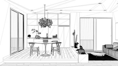 Plan proje taslağı, kanepeile oturma odası, mutfak, yemek masası, sulu saksı bitkileri, parke zemin, pencere, panoramik balkon, modern mimari konsept fikir