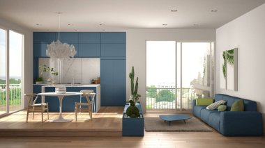 Eko yeşil iç tasarım, kanepe, mutfak, yemek masası, sulu saksı bitkileri, parke zemin, pencere, panoramik balkon ile beyaz ve mavi oturma odası. Sürdürülebilir mimari