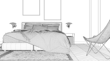 Blueprint proje taslağı, minimalist yatak odası, yastık ve battaniye ile yatak, parke, başucu masaları ve halı, büyük panoramik pencere, modern mimari konsept fikir