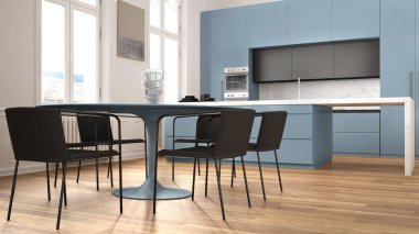 Minimalist mavi ve siyah mutfak klasik odada kalıplar, parke zemin, sandalye, mermer ada ve panoramik pencereler ile yemek masası. Modern mimari iç tasarım