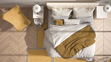 Modern sarı renkli minimalist yatak odası, yastık ve battaniye, ringa kemiği parke zemin, başucu masaları, koltuk ve halı ile yatak. Mimarlık, iç tasarım konsepti, üst görünüm