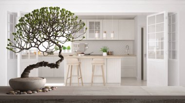 Çakıl ve saksı çiçek bonsai, beyaz çiçekler, minimalist beyaz ve ahşap mutfak, modern iç tasarım, zen temiz mimari konsept fikir üzerinde Vintage ahşap masa raf