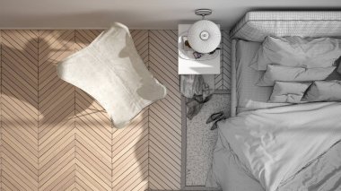 Mimar iç tasarımcı konsepti: gerçek olur bitmemiş proje, minimalist yatak odası, yastık ve battaniye ile yatak, parke, başucu masaları ve halı, üst görünümü