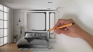 Mimar iç tasarımcı konsepti: alan gerçek olurken el çizim bir tasarım iç proje, çift kişilik yatak ve dekorlar ile klasik lüks beyaz ve gri yatak odası