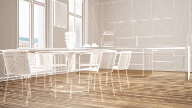 Parke zemin ve büyük panoramik pencereler, özel mimari tasarım projesi, beyaz mürekkep kroki, klasik mutfak iç tasarım gösteren plan ile boş beyaz iç