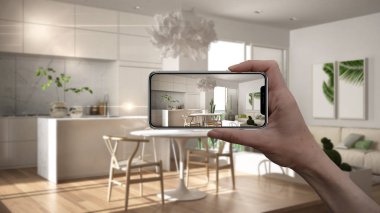 Akıllı telefon, Ar uygulama, tutan el mobilya taklit ve gerçek ev mimar tasarım konsepti, iç tasarım ürünleri arka plan, beyaz ve ahşap mutfak modern bulanıklık