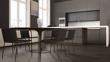 Minimalist gri ve siyah mutfak klasik odada kalıpları, parke zemin, sandalye, mermer ada ve panoramik pencereler ile yemek masası. Modern mimari iç tasarım