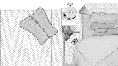 Blueprint proje taslak, minimalist yatak odası, yastık ve battaniye ile yatak, parke, başucu masaları ve halı, büyük panoramik pencere, modern mimari konsept fikir, üst görünümü