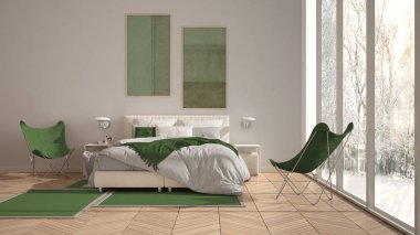 Modern yeşil renkli minimalist yatak odası, yastık ve battaniye, parke, başucu masaları ve halı ile yatak. Ağaçlar ve kar ile kış panoraması ile panoramik pencere, iç tasarım