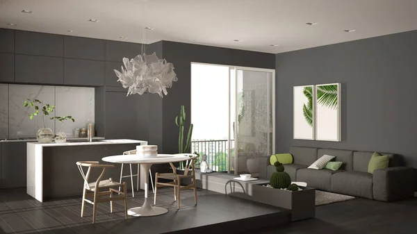 Eco verde design de interiores, sala de estar cinza com sofá, cozinha com mesa de jantar, plantas em vaso suculentas, piso em parquet, janela na varanda panorâmica. Arquitetura sustentável — Fotografia de Stock