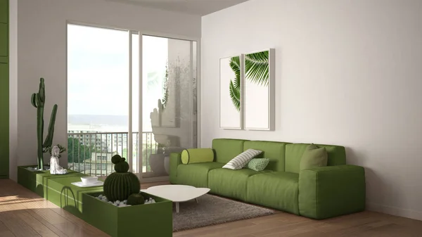 Эко-зеленый дизайн интерьера, белая и зеленая гостиная с диваном, кухней, обеденным столом, сочными горшечными растениями, паркетным полом, окном, панорамным балконом. Устойчивая архитектура — стоковое фото