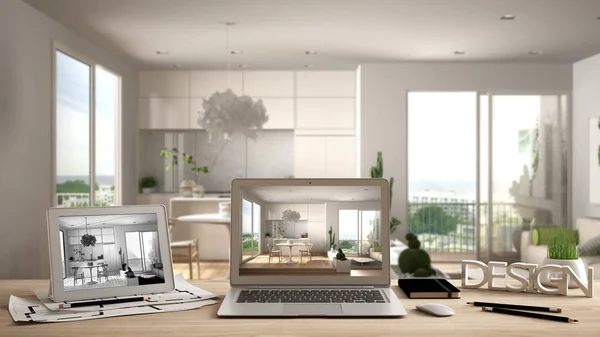 Arquitecto diseñador concepto de escritorio, portátil y tableta en escritorio de madera con pantalla que muestra el proyecto de diseño de interiores y bosquejo CAD, borrador borroso en el fondo, sala de estar moderna —  Fotos de Stock