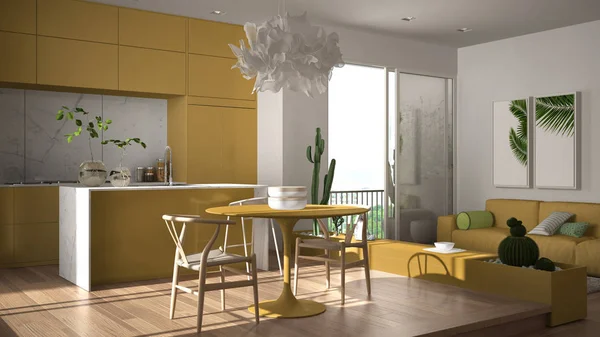 Eco green interior design, white and yellow living room with sofa, kitchen, dining table, succulent potted plants, parquet floor, window, panoramic balcony. Sustainable architecture