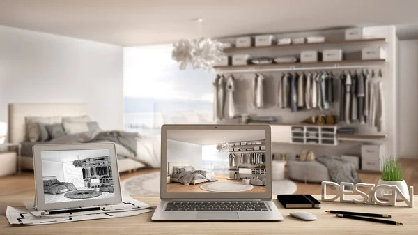 Architetto designer desktop concept, laptop e tablet su scrivania in legno con schermo che mostra progetto di interior design e schizzo CAD, bozza offuscata sullo sfondo, moderna camera da letto bianca — Foto Stock