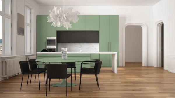 Minimalist yeşil ve siyah mutfak klasik odada kalıplar, parke zemin, sandalye, mermer ada ve panoramik pencereler ile yemek masası. Modern mimari iç tasarım — Stok fotoğraf